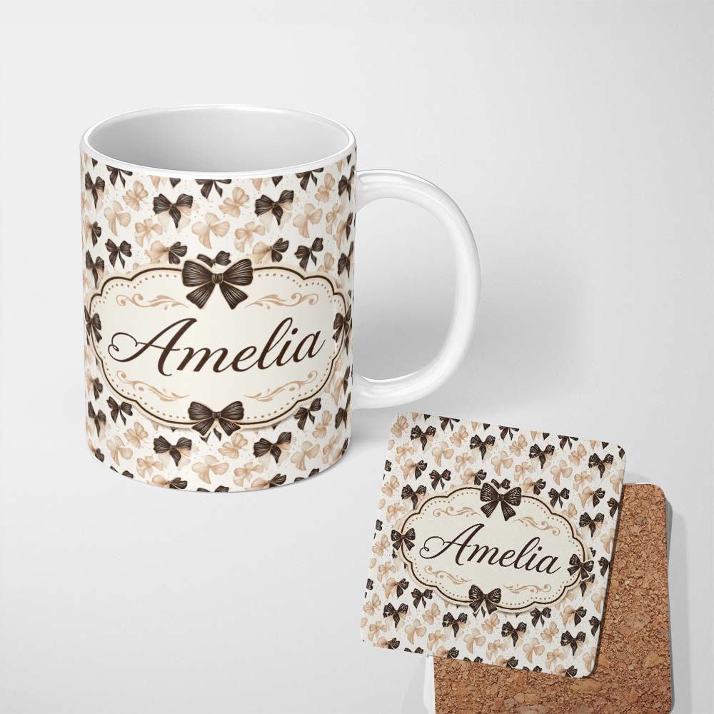 Personalized Custom Name Elegant Neutral Bow Pattern in Beige and Brown Tones Seamless Name 11oz Ceramic Coffee Tea Mug White Large Handle
