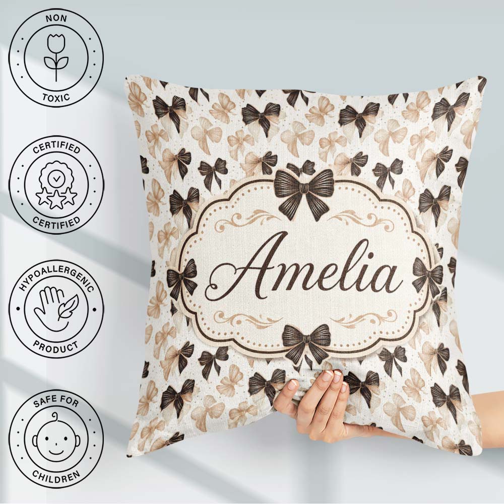Custom Name Elegant Neutral Bow Pattern in Beige and Brown Tones Square Filled Cushion Throw Pillow Sofa Bed Home Decor Zip Washable UK Made
