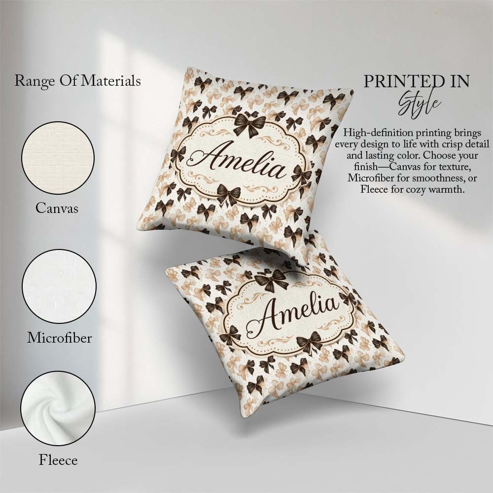 Custom Name Elegant Neutral Bow Pattern in Beige and Brown Tones Square Filled Cushion Throw Pillow Sofa Bed Home Decor Zip Washable UK Made