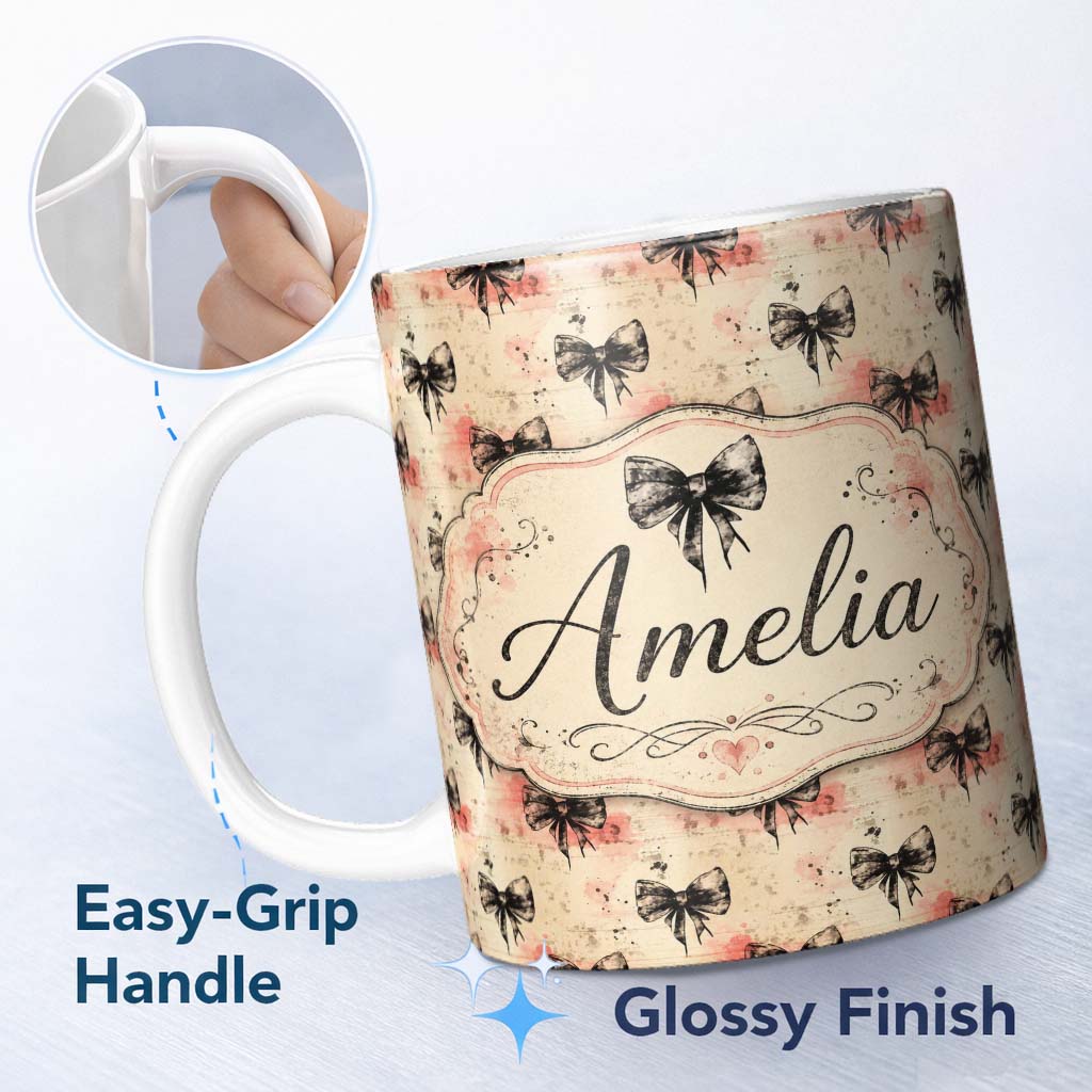 Personalized Custom Name Grunge Style Black Bow Pattern with Distressed Background Seamless 11oz Ceramic Coffee Tea Mug White Large Handle
