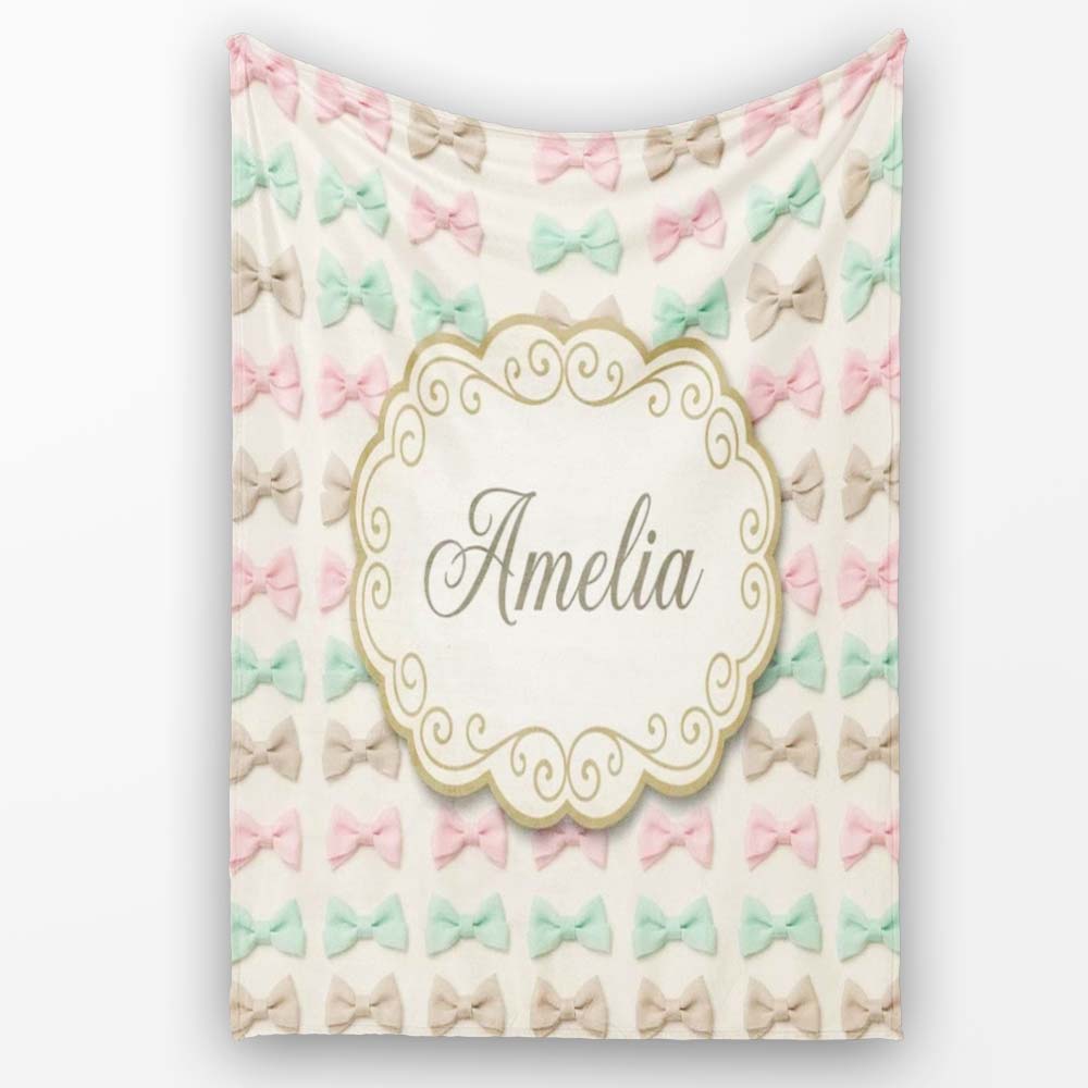 Soft Pastel Bow Pattern in Peach Mint and Cream Seamless Name Cute Personalised Custom Name Super Soft Fleece Blanket Bed Sofa Throw