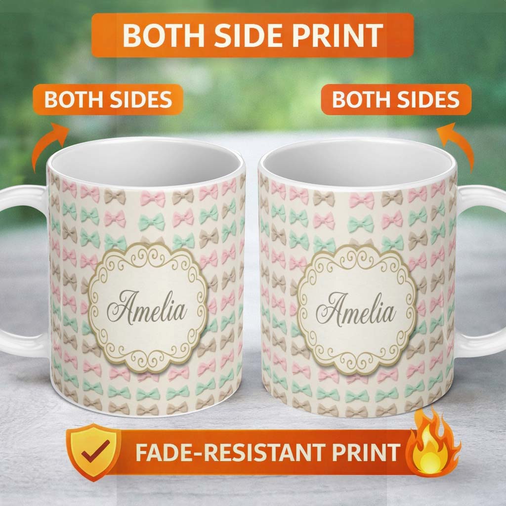 Personalized Custom Name Soft Pastel Bow Pattern in Peach Mint and Cream Seamless Name Cute 11oz Ceramic Coffee Tea Mug White Large Handle