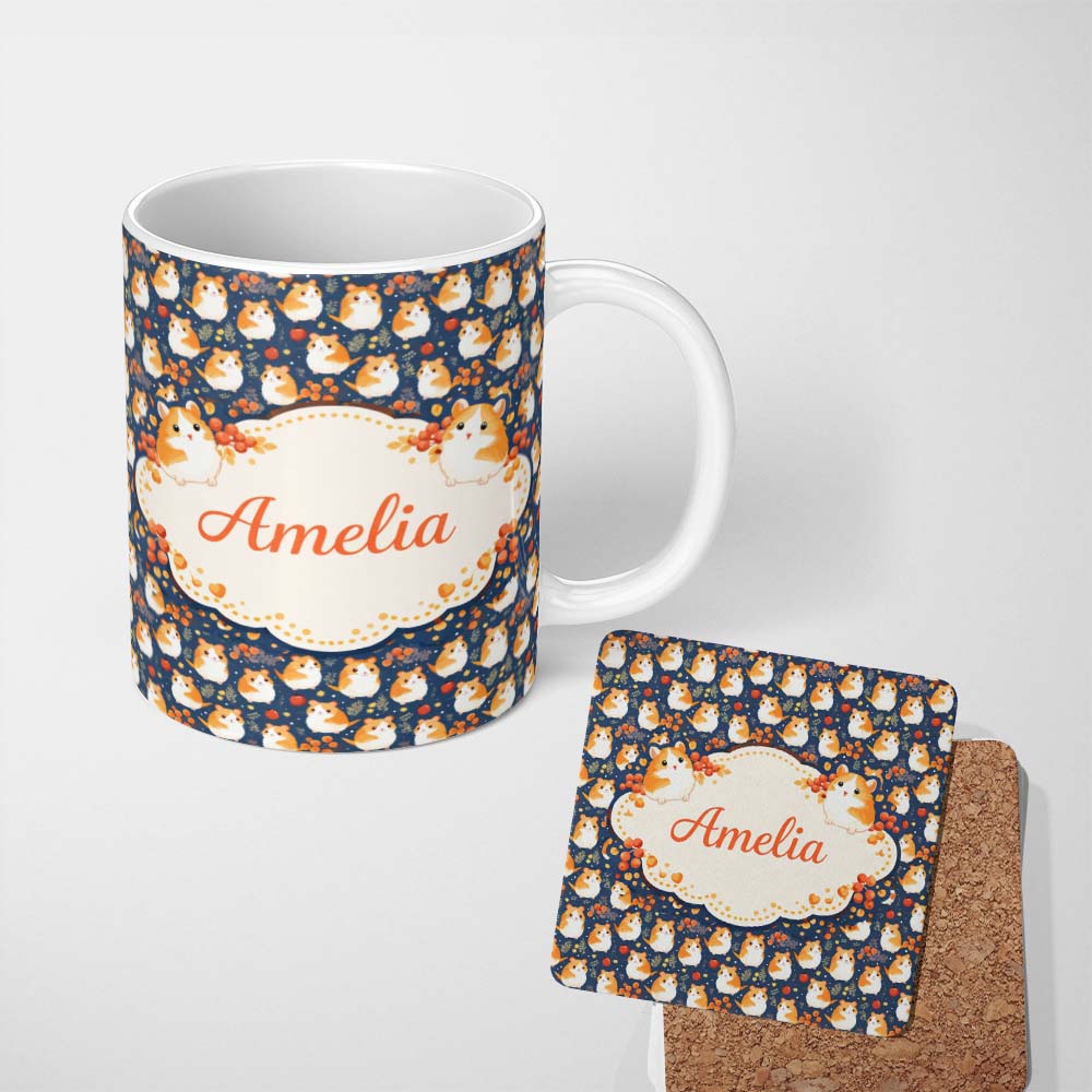 Personalized Custom Name Cute Hamster Floral Apple Garden Seamless Pattern Cute Unique Gift 11oz Ceramic Coffee Tea Mug White Large Handle