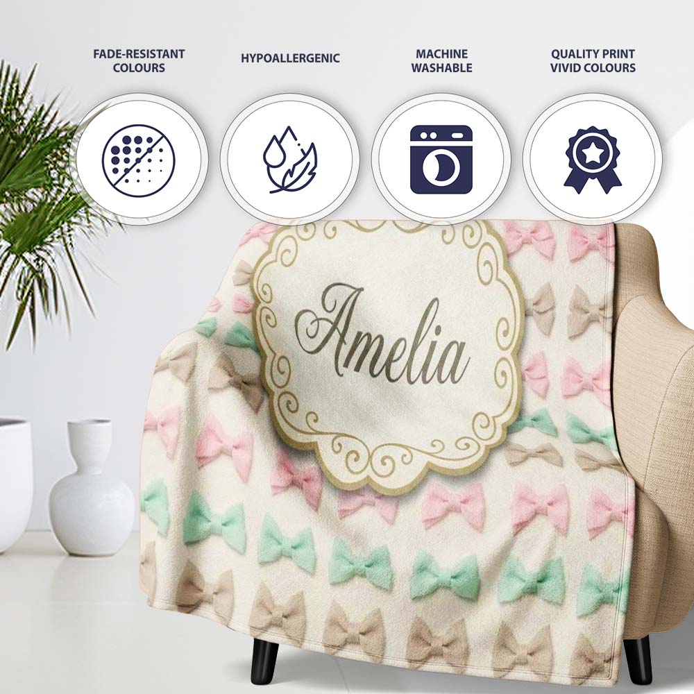 Soft Pastel Bow Pattern in Peach Mint and Cream Seamless Name Cute Personalised Custom Name Super Soft Fleece Blanket Bed Sofa Throw