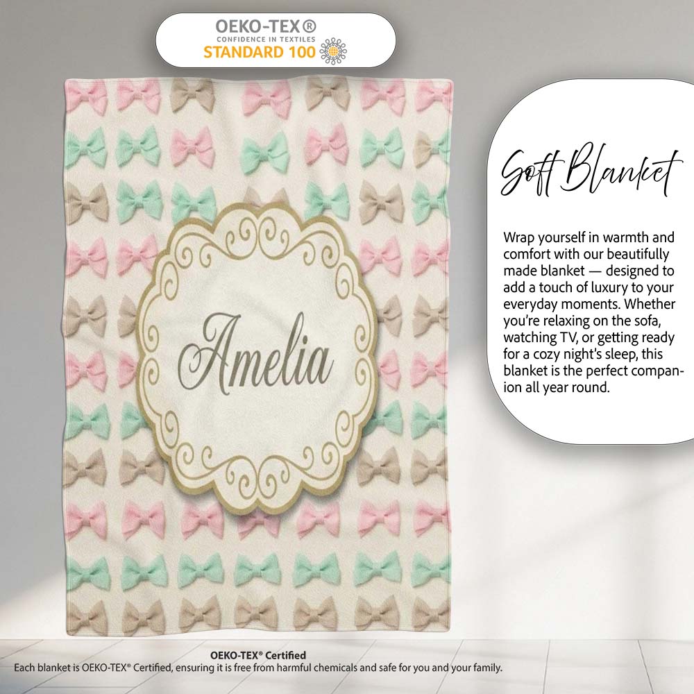 Soft Pastel Bow Pattern in Peach Mint and Cream Seamless Name Cute Personalised Custom Name Super Soft Fleece Blanket Bed Sofa Throw