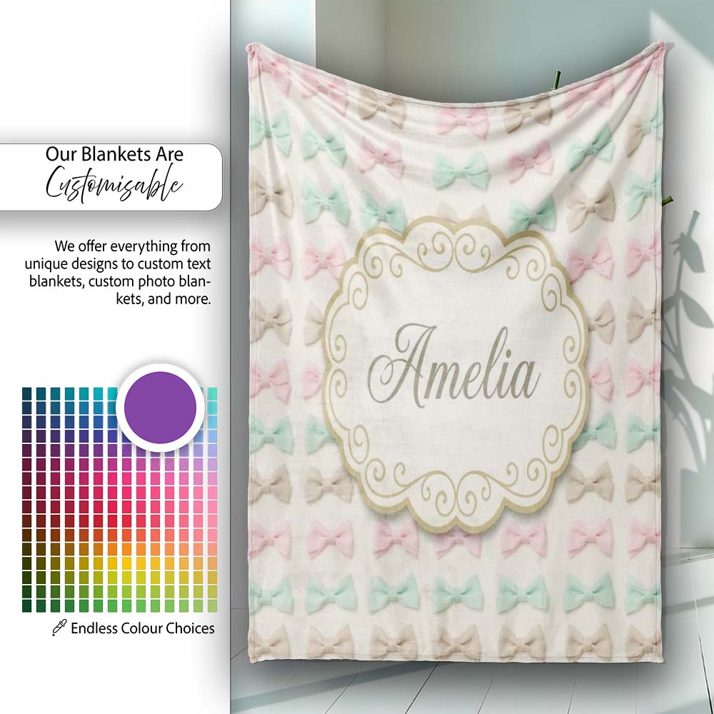 Soft Pastel Bow Pattern in Peach Mint and Cream Seamless Name Cute Personalised Custom Name Super Soft Fleece Blanket Bed Sofa Throw