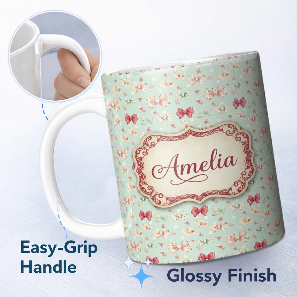 Personalized Custom Name Cute Floral Bow Pattern on Light Blue Background Seamless Name 11oz Ceramic Coffee Tea Mug White Large Handle