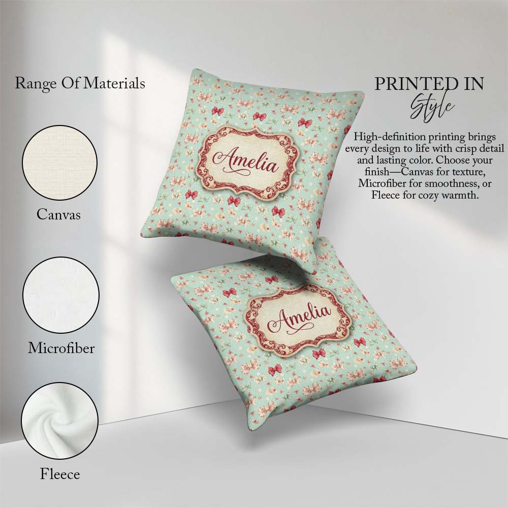 Custom Name Cute Floral Bow Pattern on Light Blue Seamless Name Square Filled Cushion Throw Pillow Sofa Bed Home Decor Zip Washable UK Made