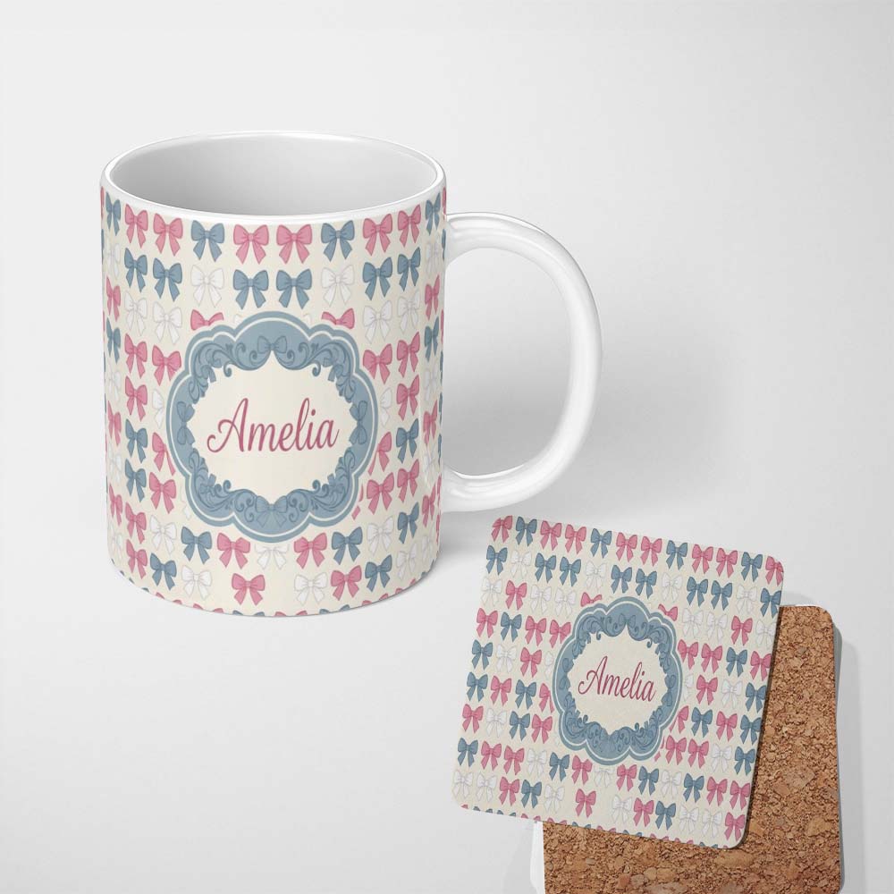 Personalized Custom Name Vintage Inspired Bow Pattern in Pink Blue and Cream Seamless Name 11oz Ceramic Coffee Tea Mug White Large Handle