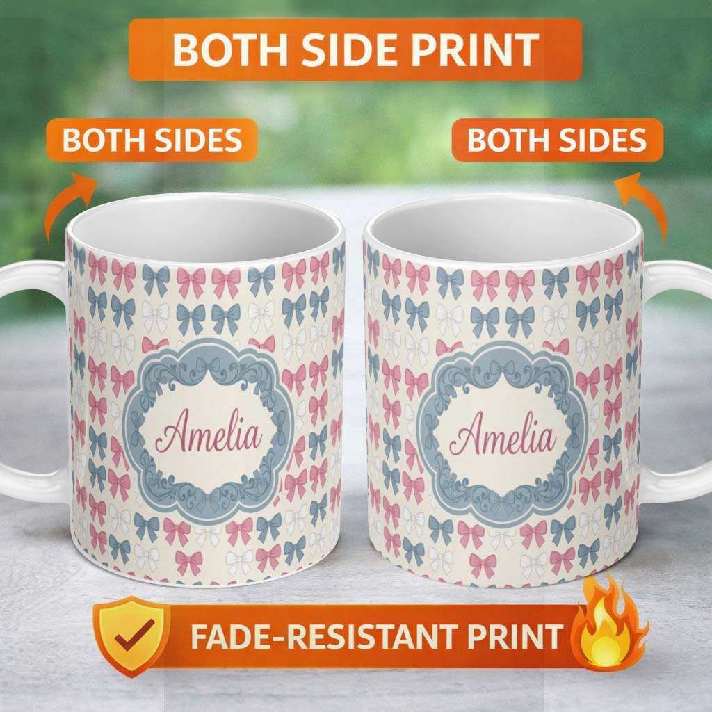 Personalized Custom Name Vintage Inspired Bow Pattern in Pink Blue and Cream Seamless Name 11oz Ceramic Coffee Tea Mug White Large Handle
