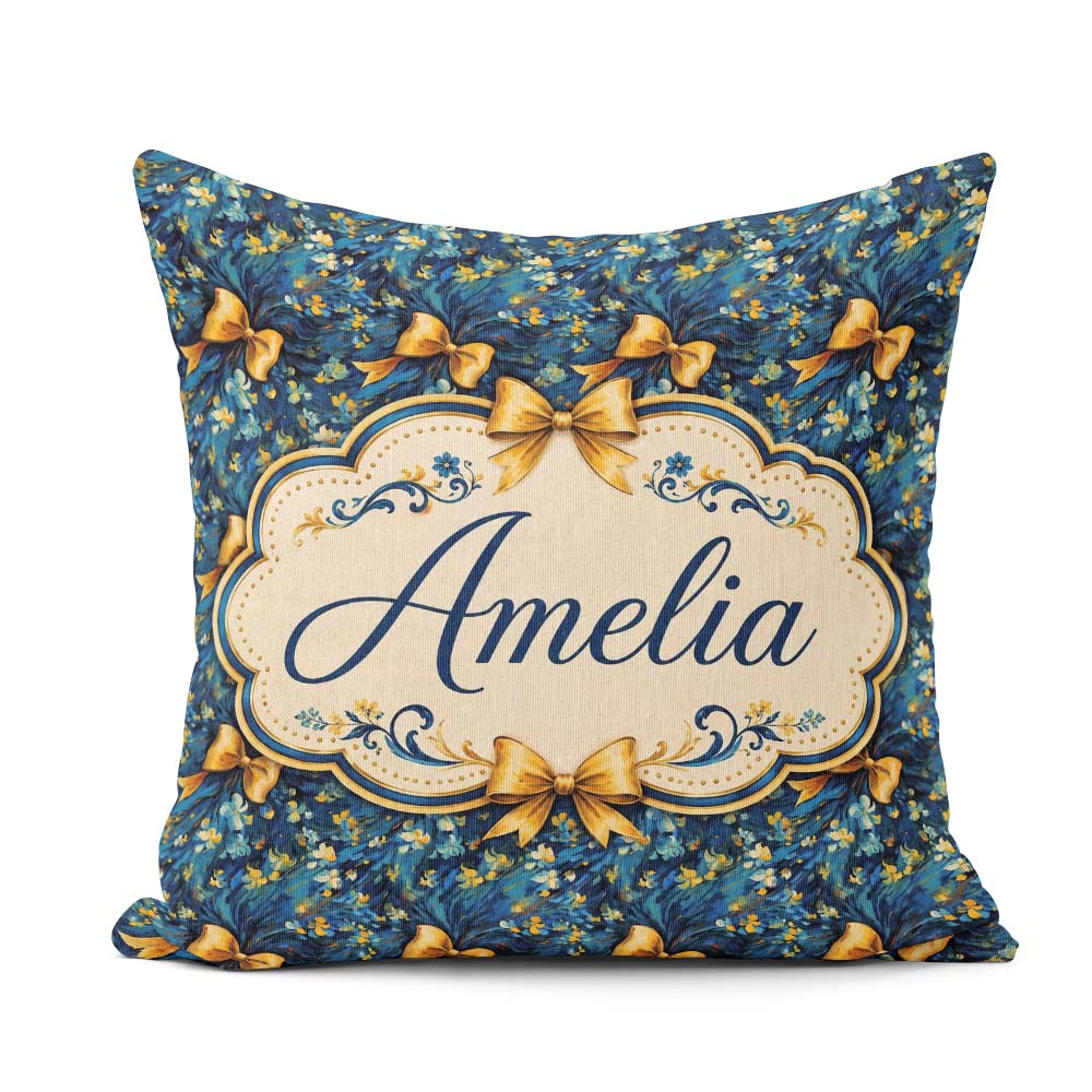 Custom Name Elegant Blue Floral Swirl Pattern with Bows Seamless Square Filled Cushion Throw Pillow Sofa Bed Home Decor Zip Washable UK Made