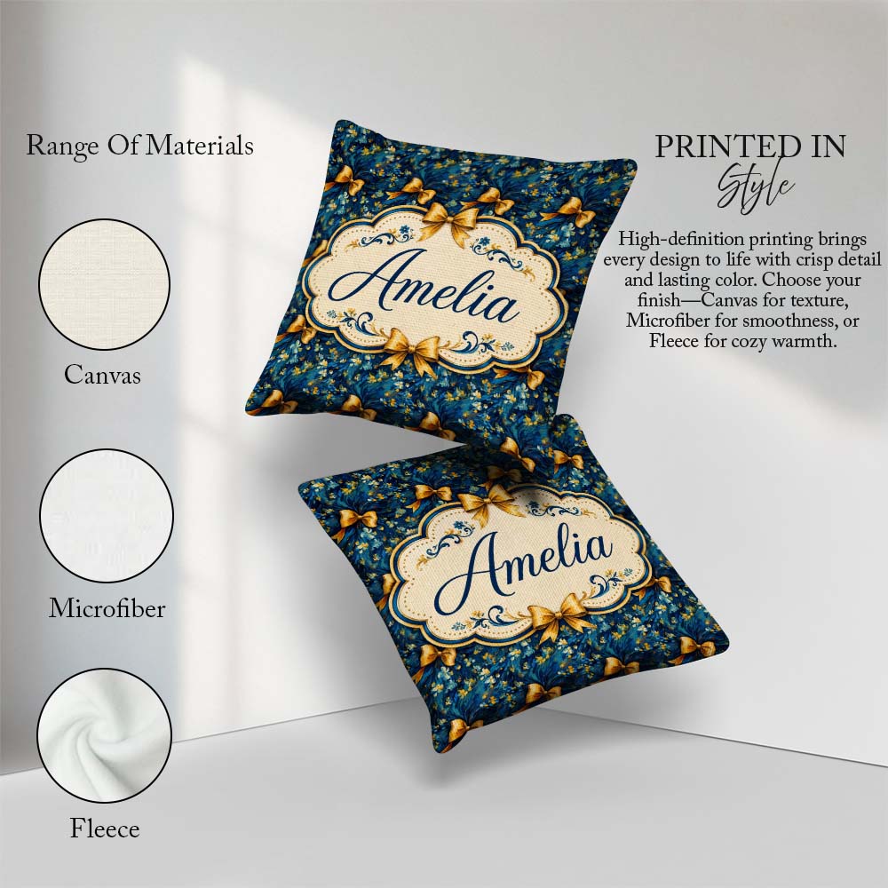 Custom Name Elegant Blue Floral Swirl Pattern with Bows Seamless Square Filled Cushion Throw Pillow Sofa Bed Home Decor Zip Washable UK Made