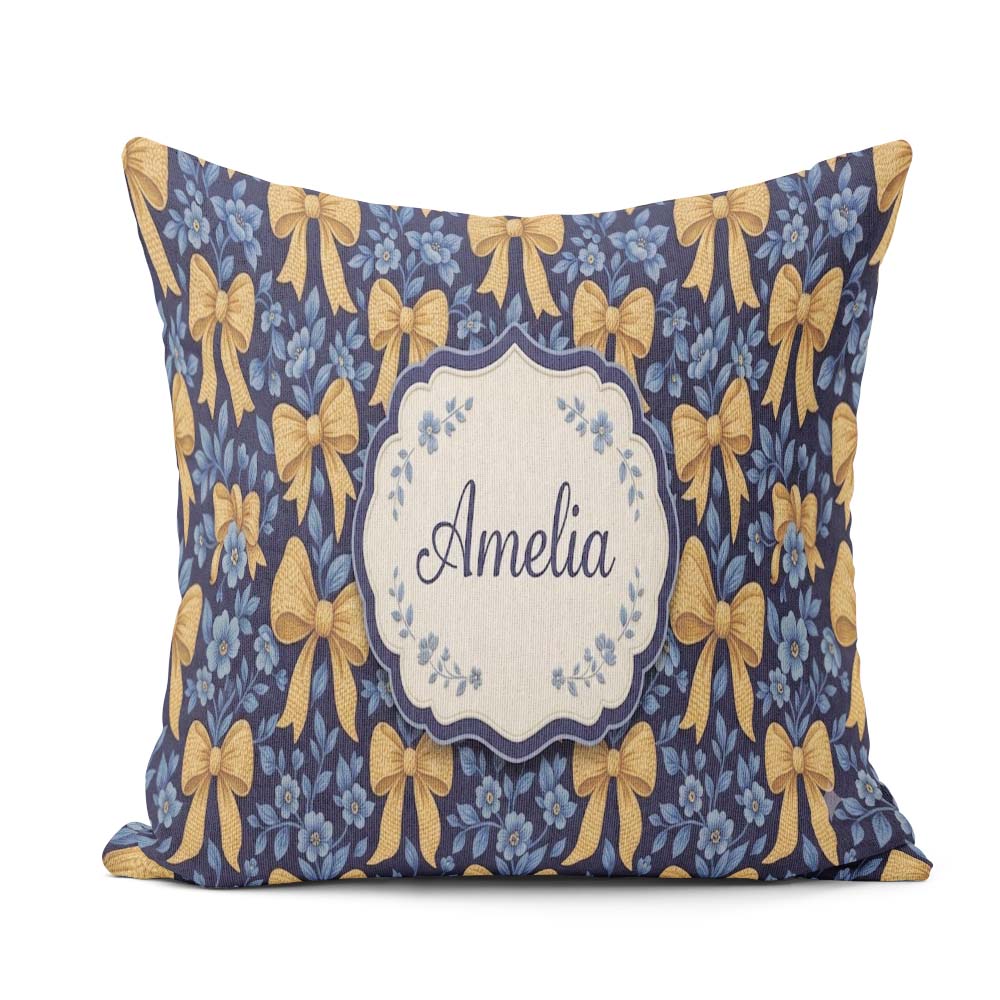 Custom Name Golden Bow and Floral Pattern on Deep Blue Seamless Square Filled Cushion Throw Pillow Sofa Bed Home Decor Zip Washable UK Made