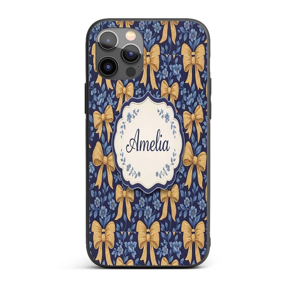 Golden Bow and Floral Pattern on Printed Design Custom Name Protective Phone Case Mobile Cover Durable Everyday Smartphone Shock Resistant