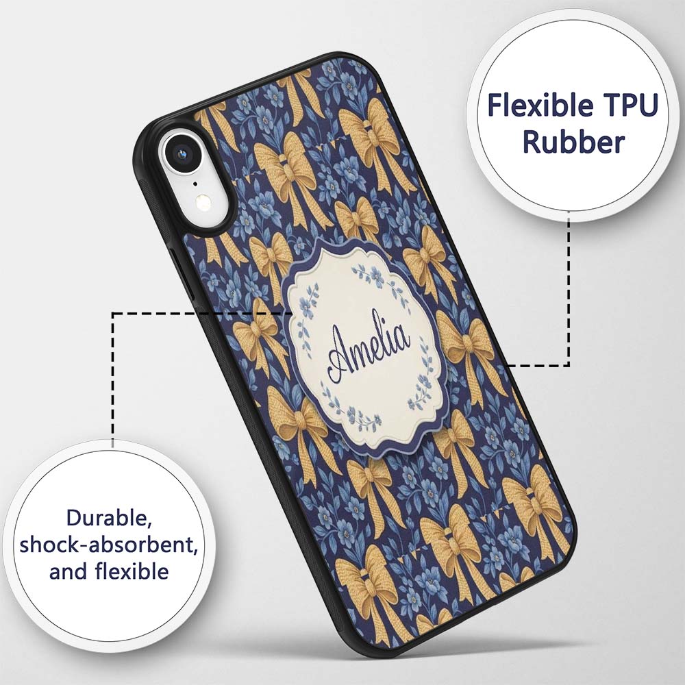Golden Bow and Floral Pattern on Printed Design Custom Name Protective Phone Case Mobile Cover Durable Everyday Smartphone Shock Resistant