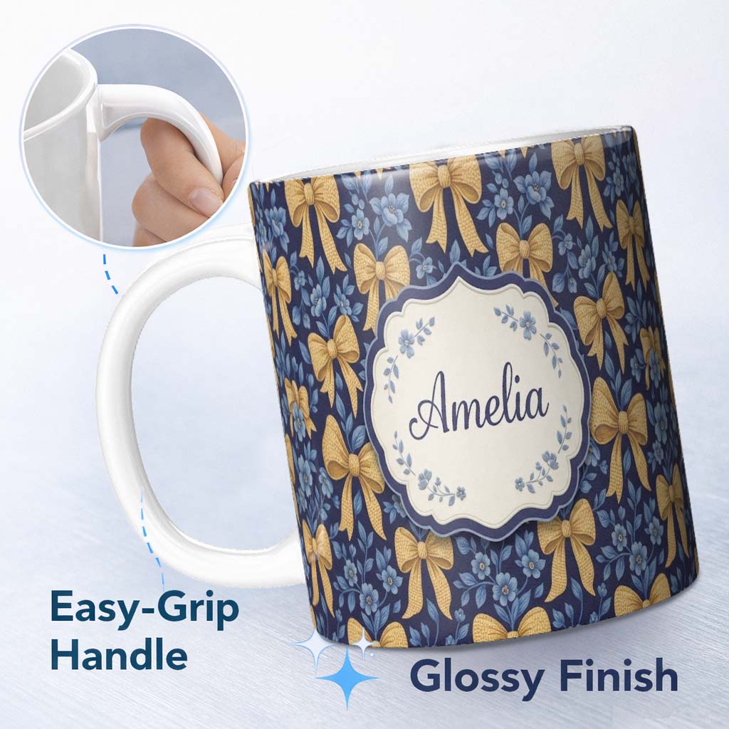 Personalized Custom Name Golden Bow and Floral Pattern on Deep Blue Background Seamless 11oz Ceramic Coffee Tea Mug White Large Handle