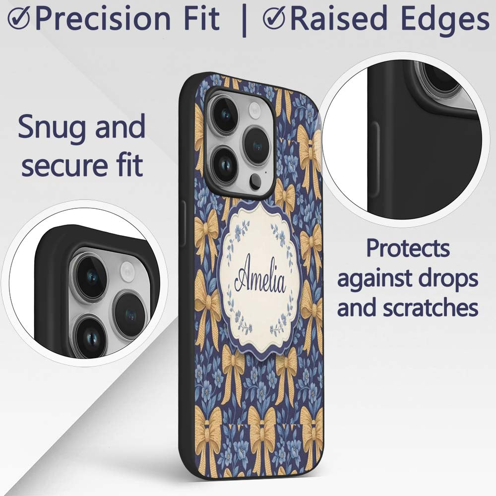 Golden Bow and Floral Pattern on Printed Design Custom Name Protective Phone Case Mobile Cover Durable Everyday Smartphone Shock Resistant