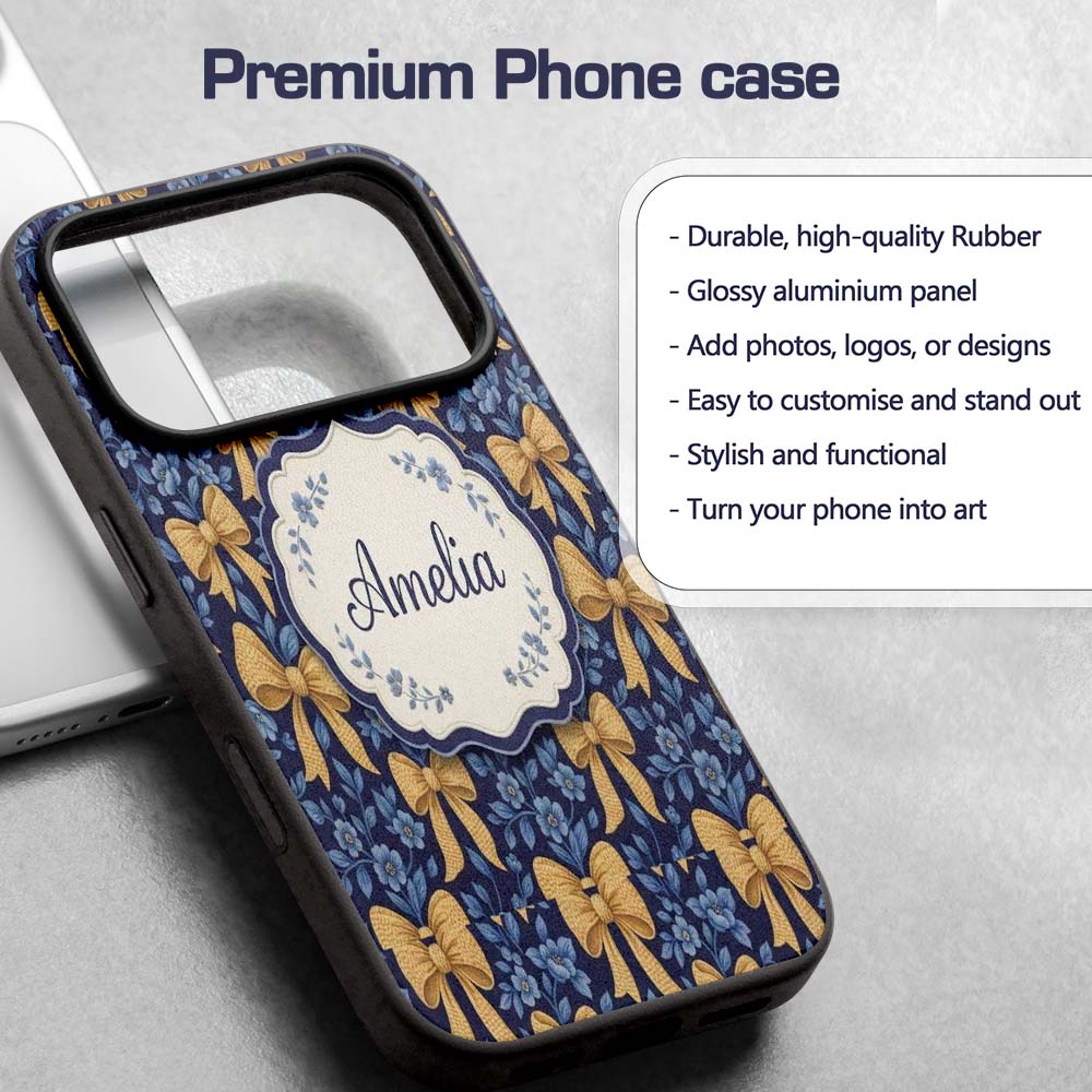Golden Bow and Floral Pattern on Printed Design Custom Name Protective Phone Case Mobile Cover Durable Everyday Smartphone Shock Resistant