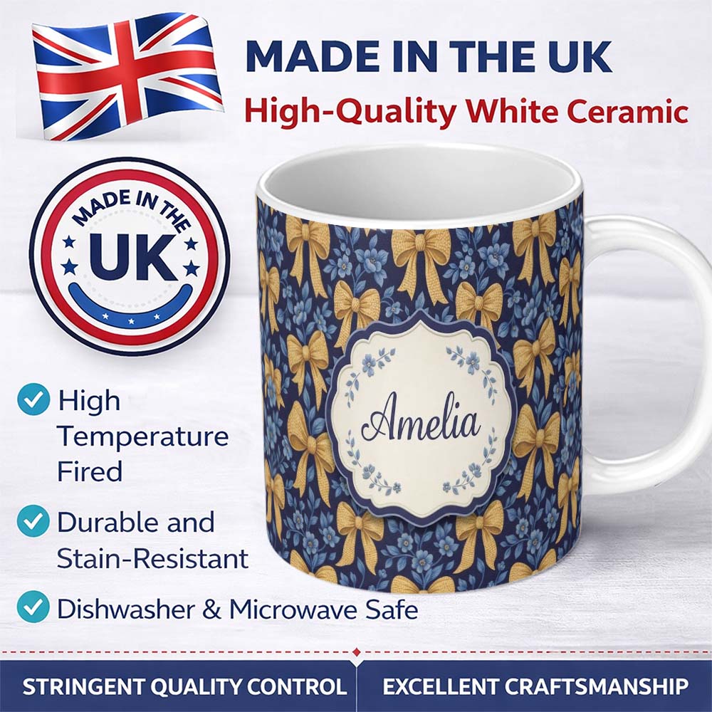 Personalized Custom Name Golden Bow and Floral Pattern on Deep Blue Background Seamless 11oz Ceramic Coffee Tea Mug White Large Handle