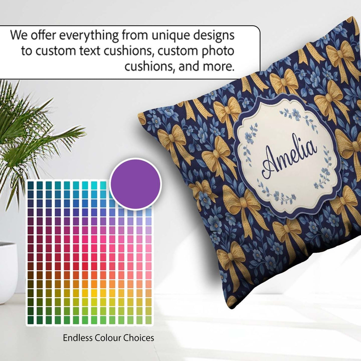 Custom Name Golden Bow and Floral Pattern on Deep Blue Seamless Square Filled Cushion Throw Pillow Sofa Bed Home Decor Zip Washable UK Made