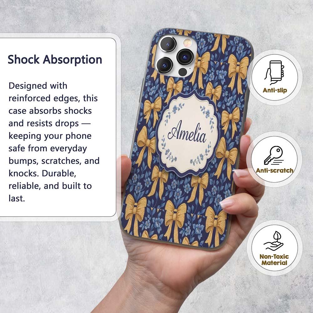Golden Bow and Floral Pattern on Printed Design Custom Name Protective Phone Case Mobile Cover Durable Everyday Smartphone Shock Resistant