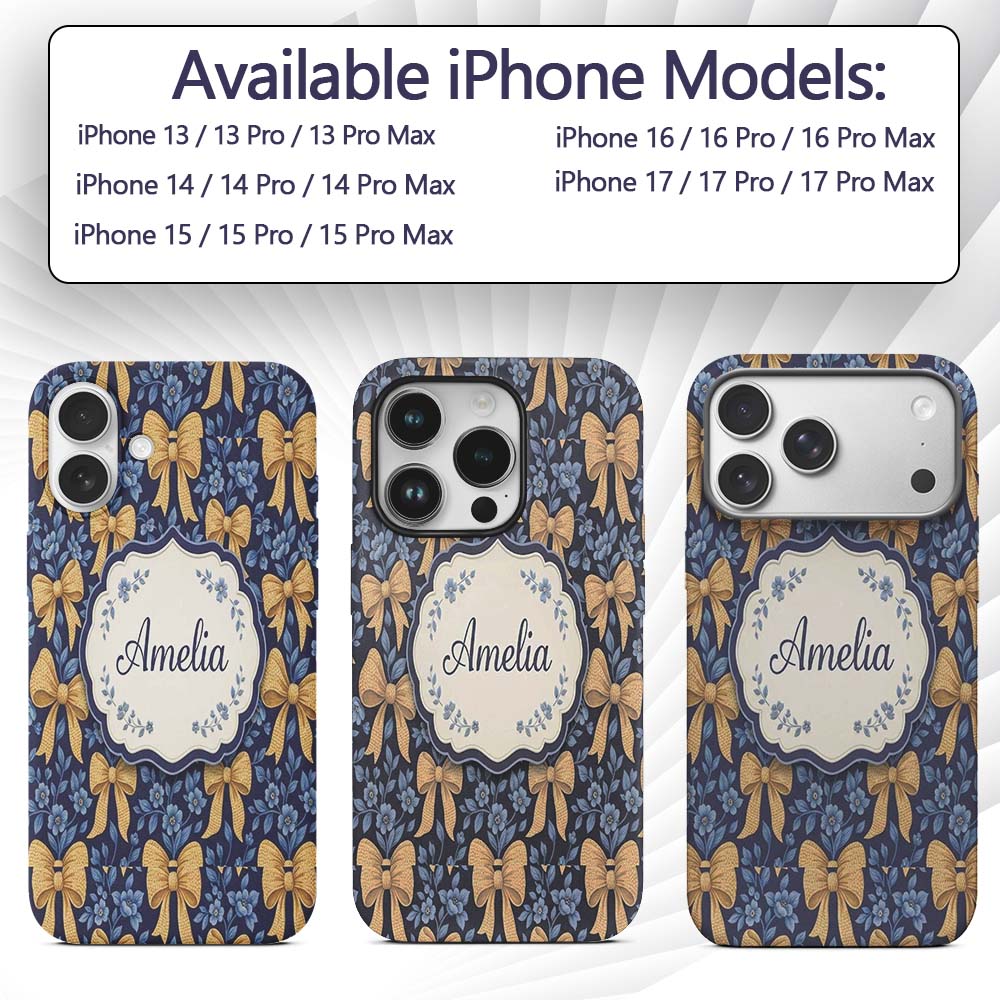 Golden Bow and Floral Pattern on Printed Design Custom Name Protective Phone Case Mobile Cover Durable Everyday Smartphone Shock Resistant
