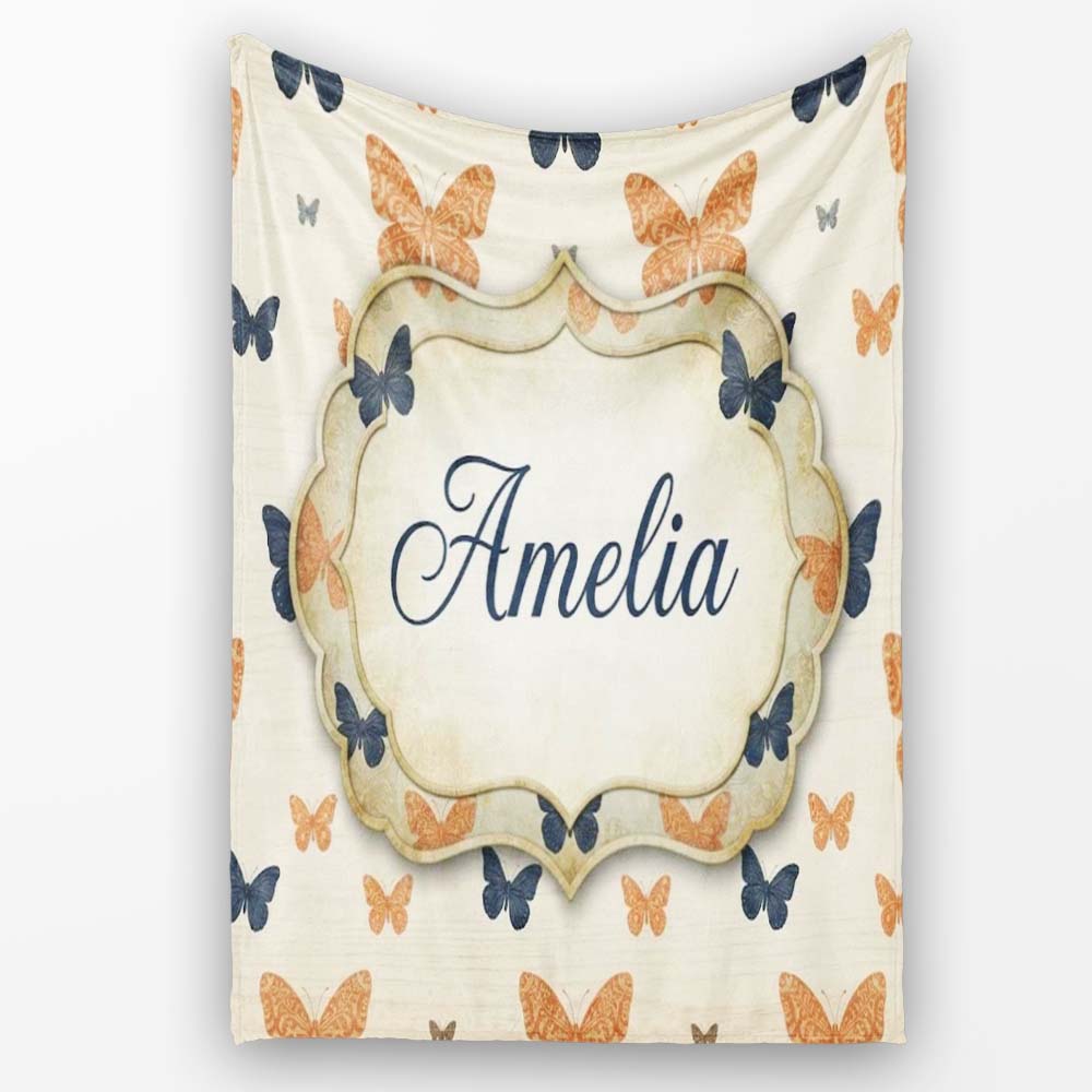 Minimal Rustic Bow Pattern in Orange Blue on Neutral Background Personalised Custom Name Super Soft Fleece Blanket Bed Sofa Throw