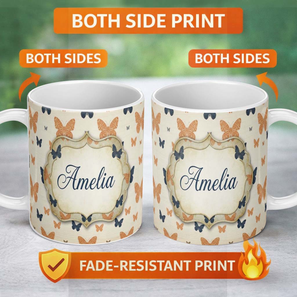 Personalized Custom Name Minimal Rustic Bow Pattern in Orange Blue on Neutral Background 11oz Ceramic Coffee Tea Mug White Large Handle