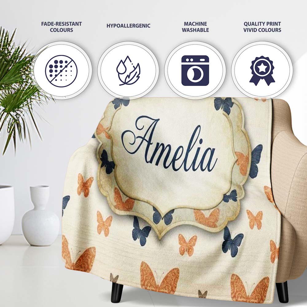 Minimal Rustic Bow Pattern in Orange Blue on Neutral Background Personalised Custom Name Super Soft Fleece Blanket Bed Sofa Throw