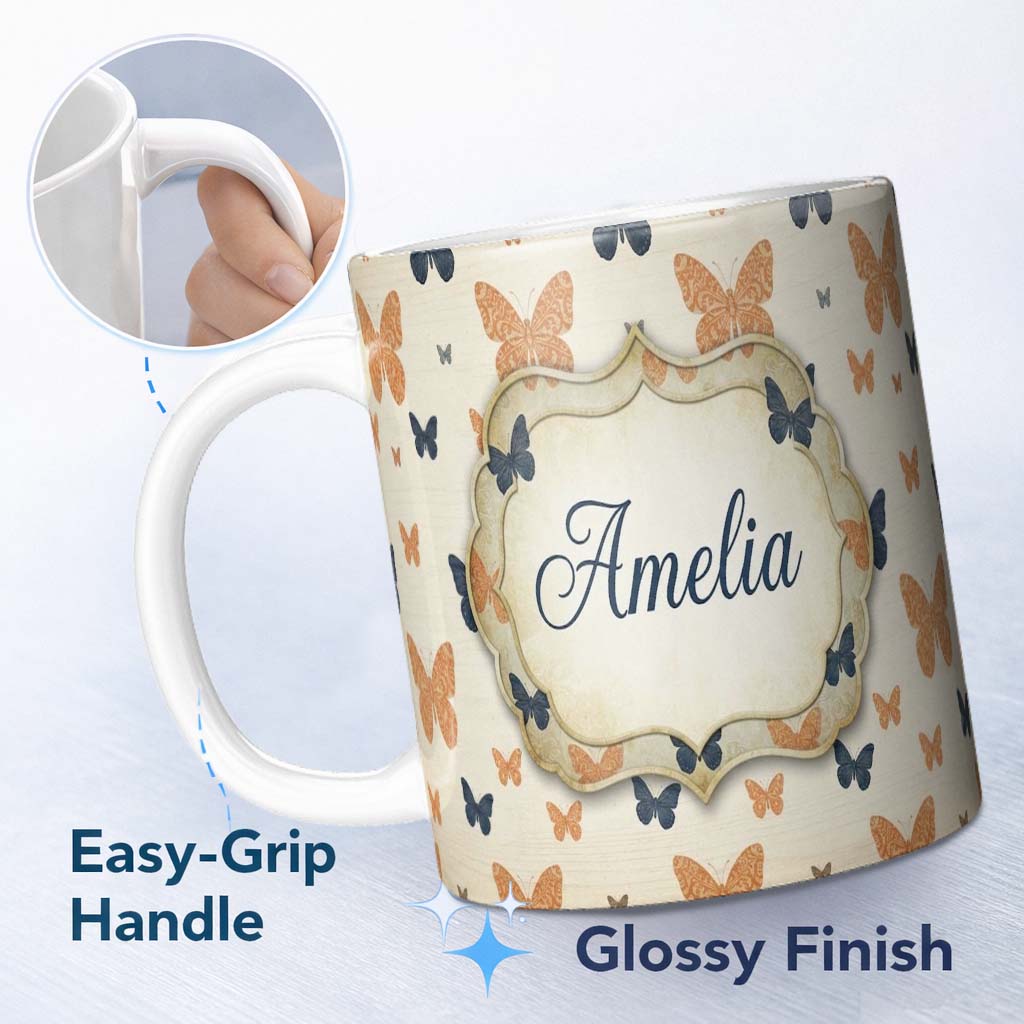 Personalized Custom Name Minimal Rustic Bow Pattern in Orange Blue on Neutral Background 11oz Ceramic Coffee Tea Mug White Large Handle