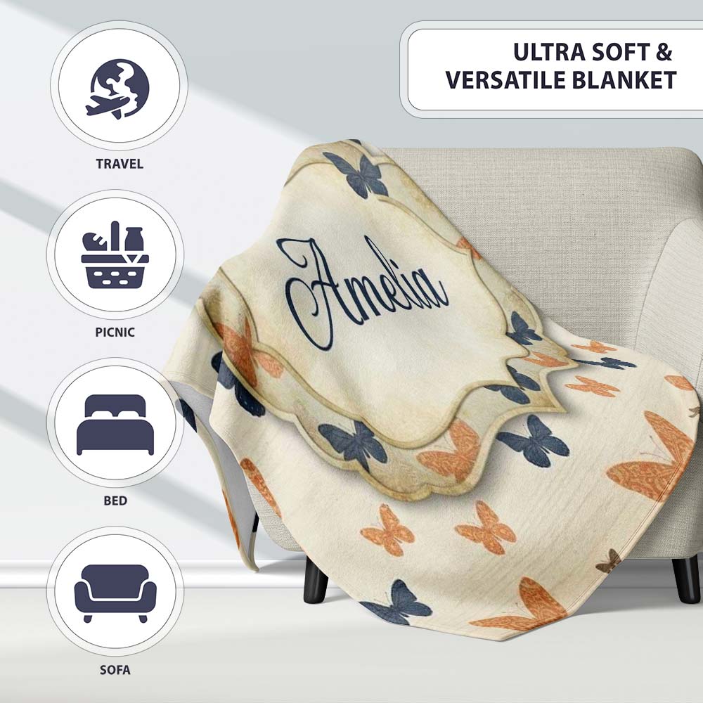 Minimal Rustic Bow Pattern in Orange Blue on Neutral Background Personalised Custom Name Super Soft Fleece Blanket Bed Sofa Throw