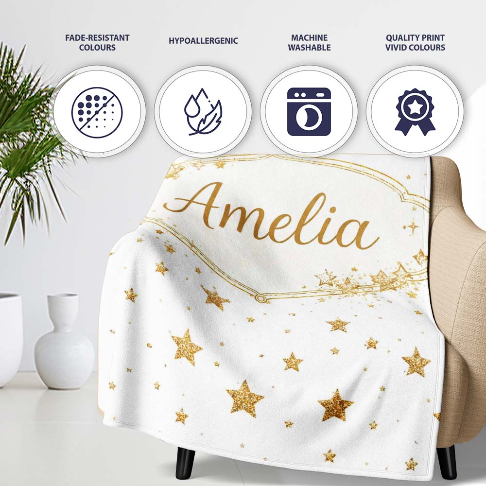 Gold Glitter Stars on White Seamless Pattern Stylish Everyday Personalised Custom Name Super Soft Fleece Blanket Bed Sofa Throw