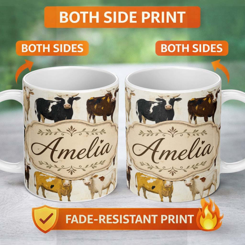 Personalized Custom Name Classic Cow Herd Farm Animal Illustration Seamless Pattern Lovely 11oz Ceramic Coffee Tea Mug White Large Handle