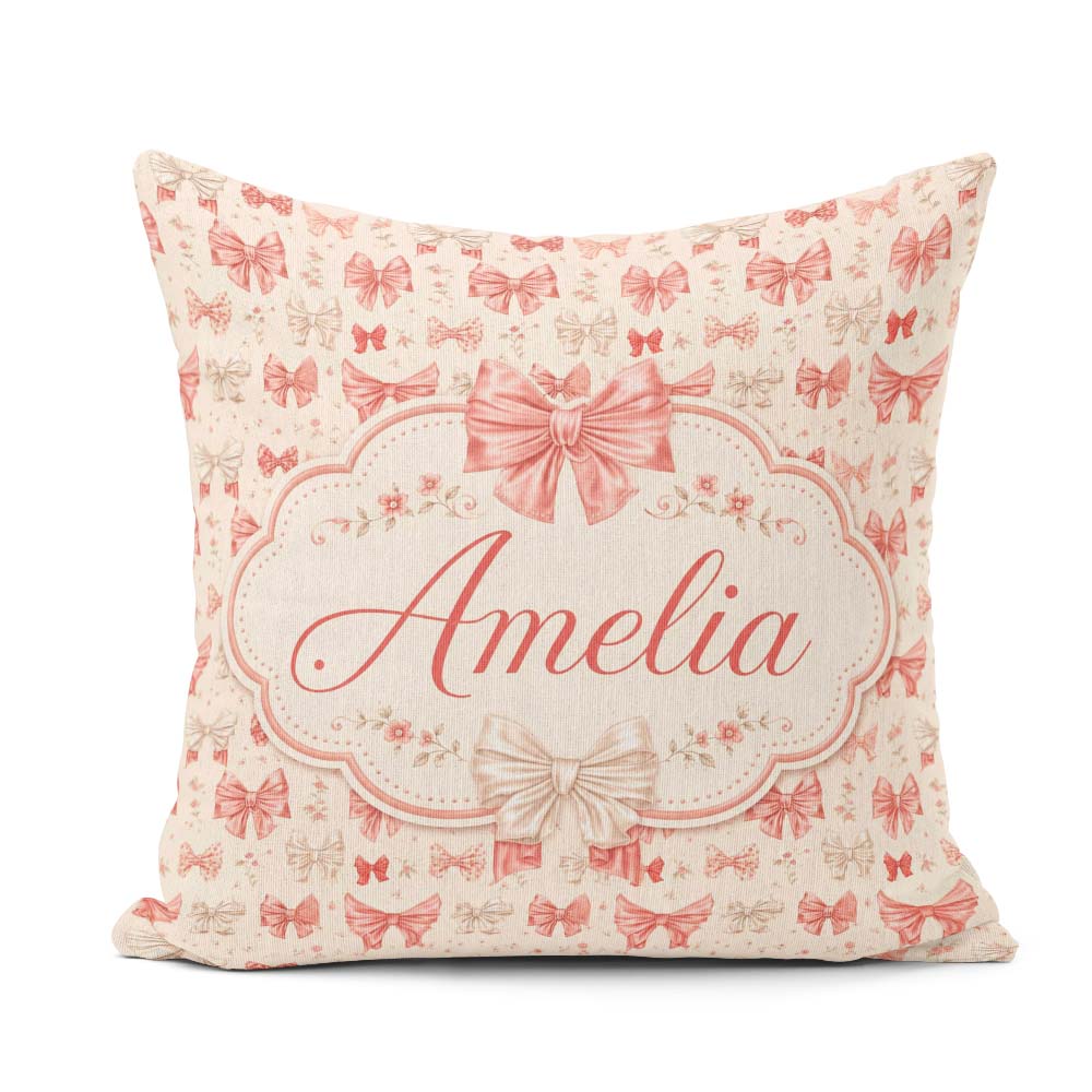 Custom Name Soft Romantic Bow Pattern Pink and Cream with Floral Square Filled Cushion Throw Pillow Sofa Bed Home Decor Zip Washable UK Made