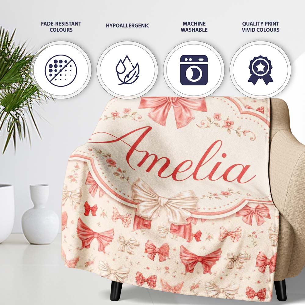 Soft Romantic Bow Pattern in Pink and Cream with Floral Details Personalised Custom Name Super Soft Fleece Blanket Bed Sofa Throw