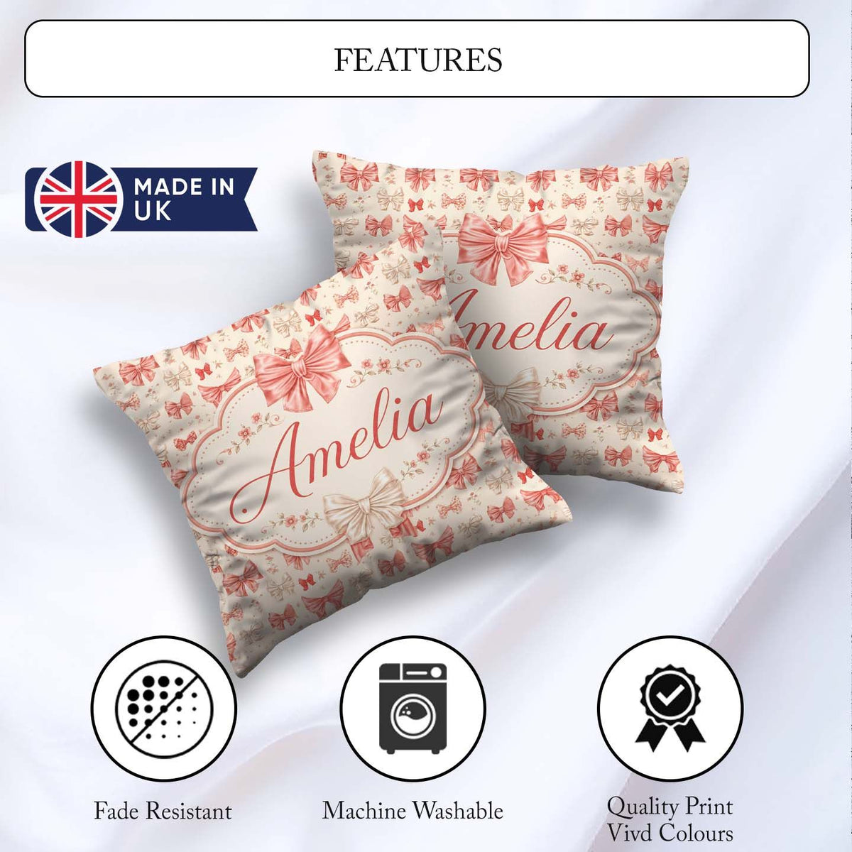 Custom Name Soft Romantic Bow Pattern Pink and Cream with Floral Square Filled Cushion Throw Pillow Sofa Bed Home Decor Zip Washable UK Made