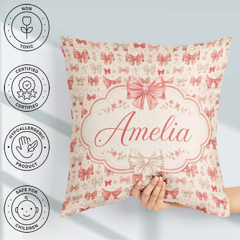 Custom Name Soft Romantic Bow Pattern Pink and Cream with Floral Square Filled Cushion Throw Pillow Sofa Bed Home Decor Zip Washable UK Made