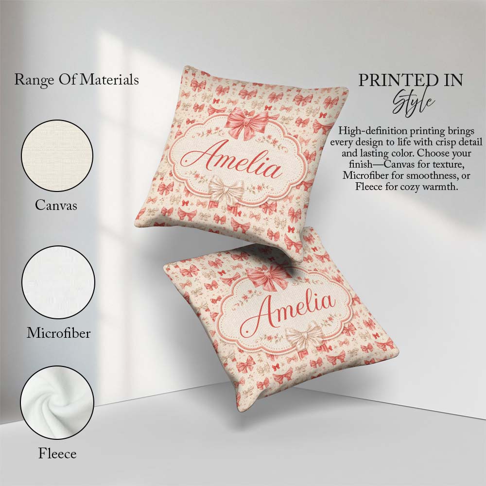 Custom Name Soft Romantic Bow Pattern Pink and Cream with Floral Square Filled Cushion Throw Pillow Sofa Bed Home Decor Zip Washable UK Made