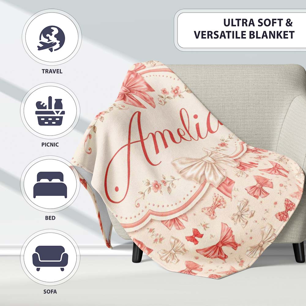 Soft Romantic Bow Pattern in Pink and Cream with Floral Details Personalised Custom Name Super Soft Fleece Blanket Bed Sofa Throw