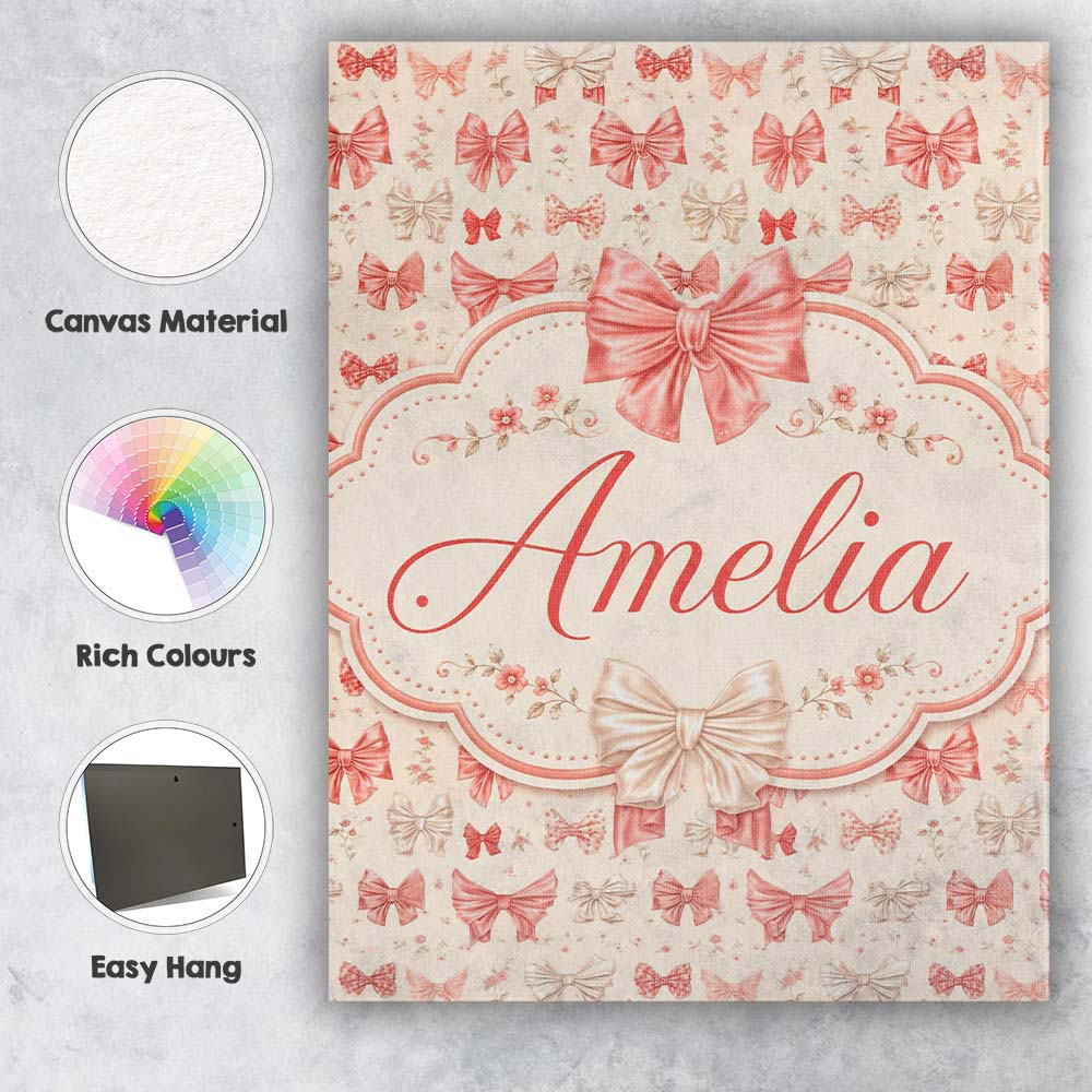 Personalised Name Soft Romantic Bow Pattern Custom Bespoke Interior Contemporary Canvas Wall Art Print Decor Picture Ready to Hang