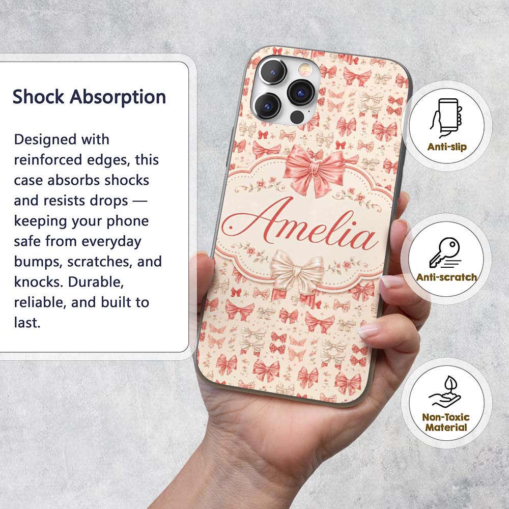 Soft Romantic Bow Pattern in Pink and Cream with Custom Name Protective Phone Case Mobile Cover Durable Everyday Smartphone Shock Resistant