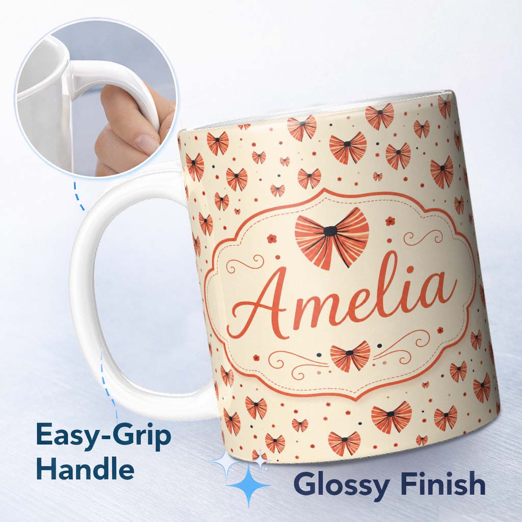 Personalized Custom Name Cute Heart Shaped Bow Pattern in Coral and Black Seamless Design 11oz Ceramic Coffee Tea Mug White Large Handle