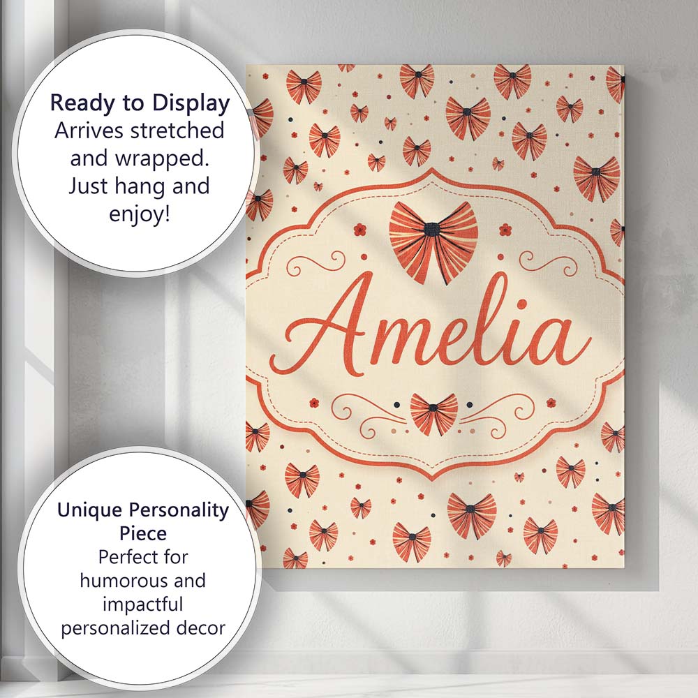 Personalised Name Cute Heart Shaped Bow Custom Modern Room Accent Elegant Feature Canvas Wall Art Print Decor Picture Ready to Hang