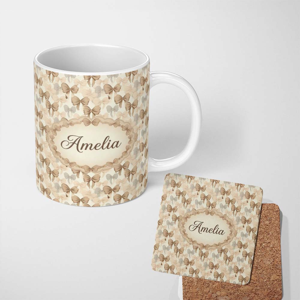 Personalized Custom Name Neutral Beige Elegant Bow Pattern with Soft Shadows Seamless Design 11oz Ceramic Coffee Tea Mug White Large Handle