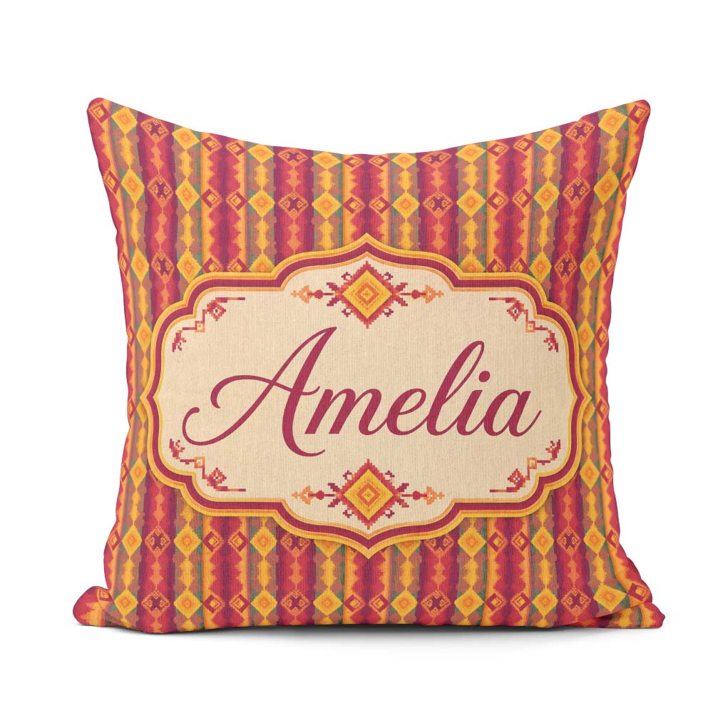 Custom Name Warm Tribal Geometric Pattern in Red Gold and Orange Square Filled Cushion Throw Pillow Sofa Bed Home Decor Zip Washable UK Made