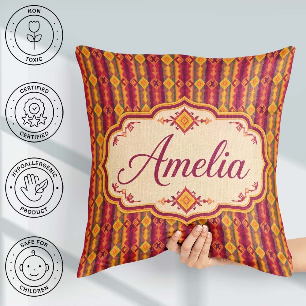 Custom Name Warm Tribal Geometric Pattern in Red Gold and Orange Square Filled Cushion Throw Pillow Sofa Bed Home Decor Zip Washable UK Made