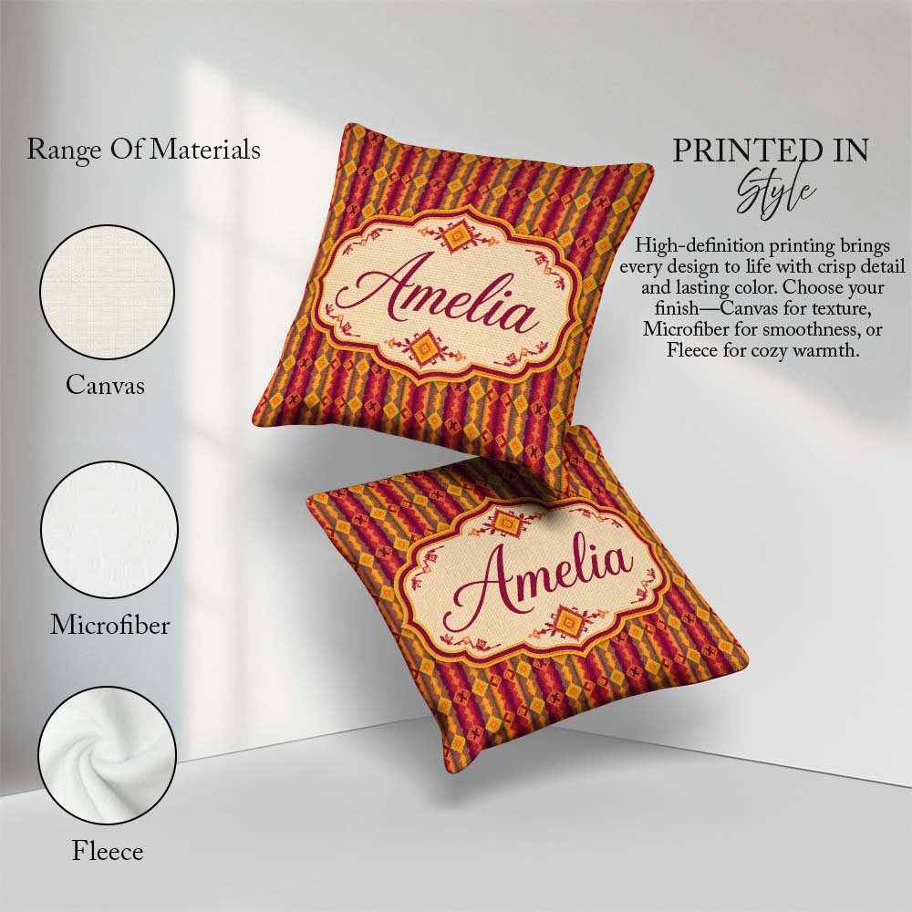 Custom Name Warm Tribal Geometric Pattern in Red Gold and Orange Square Filled Cushion Throw Pillow Sofa Bed Home Decor Zip Washable UK Made