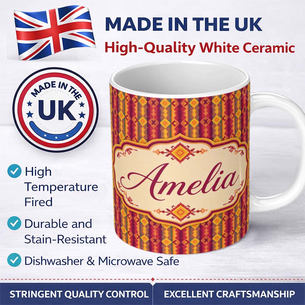 Personalized Custom Name Warm Tribal Geometric Pattern in Red Gold and Orange Seamless 11oz Ceramic Coffee Tea Mug White Large Handle