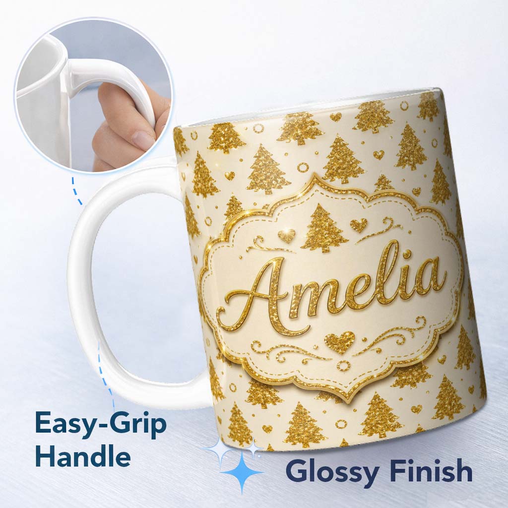 Personalized Custom Name Gold Christmas Tree Heart Glitter Seamless Pattern Cute Unique Gift 11oz Ceramic Coffee Tea Mug White Large Handle