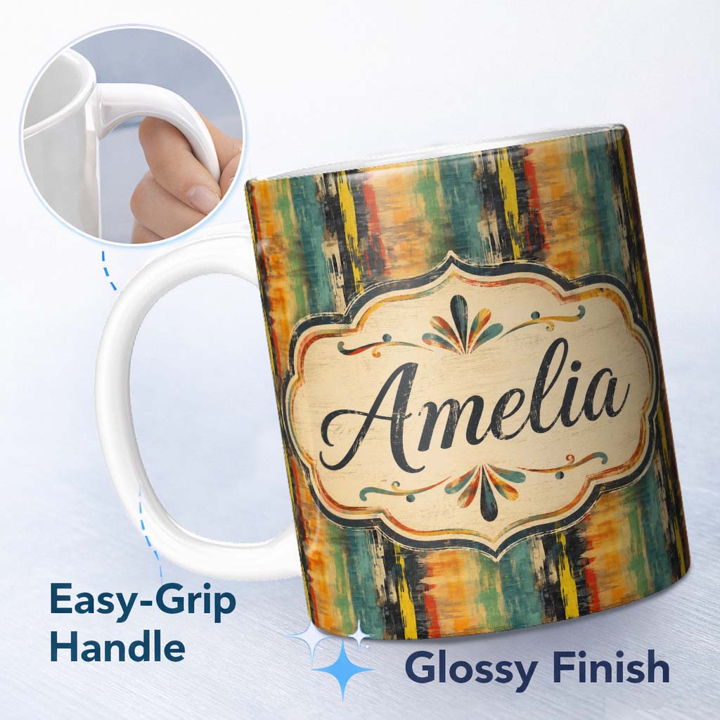 Personalized Custom Name Abstract Brush Stroke Pattern in Teal Orange and Black Seamless 11oz Ceramic Coffee Tea Mug White Large Handle